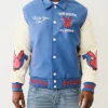 True Religion Playboy Bomber Varsity Blue Leather Jacket Mens