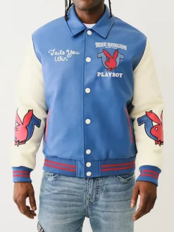 True Religion Playboy Bomber Varsity Blue Leather Jacket Mens