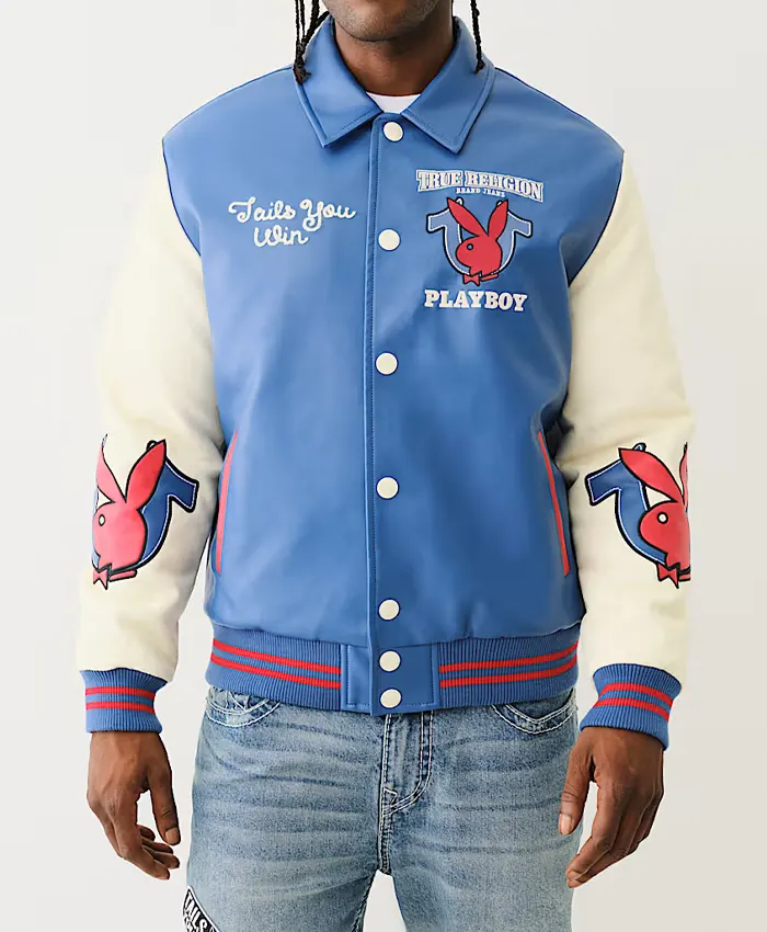 True Religion Playboy Bomber Varsity Blue Leather Jacket Mens