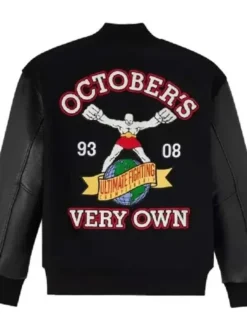 UFC Championship x October's Very Own Black Wool Leather Varsity Jacket back view