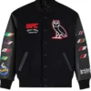 UFC Championship x October's Very Own Wool Leather Black Varsity Jacket front view