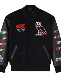 UFC Championship x October's Very Own Wool Leather Black Varsity Jacket front view
