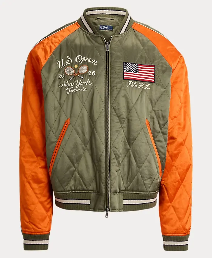 US Open Polo Ralph Lauren 2026 Satin Quilted Bomber Souvenir Jacket front view
