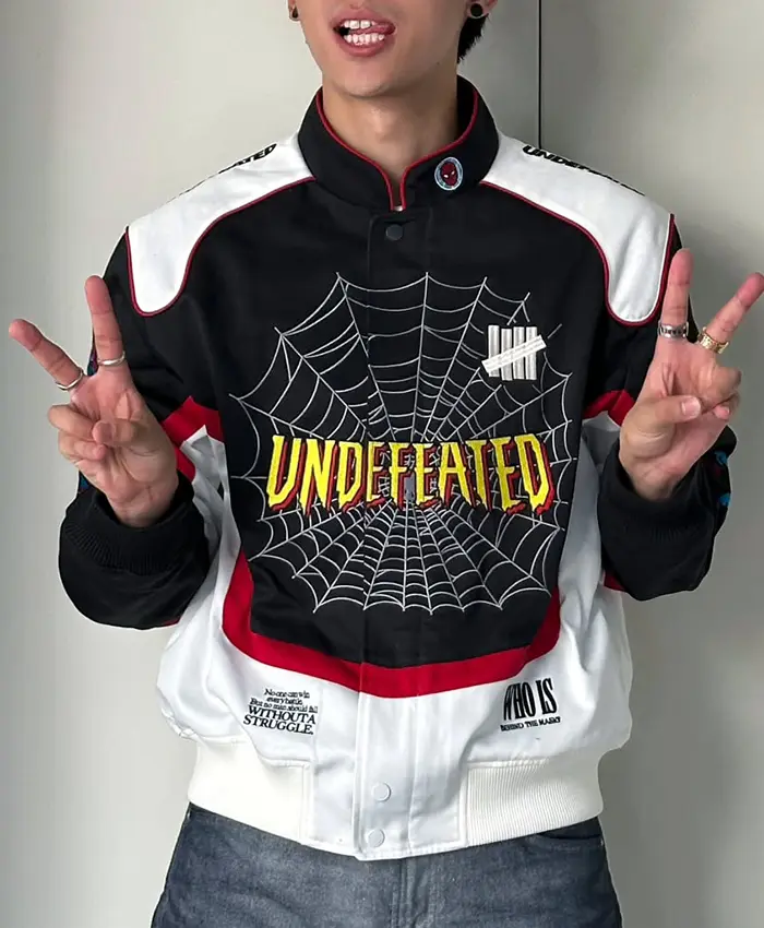 Undefeated x Spider-Man FW26 Varsity Jacket featuring erect collar, rib-knit cuffs, and snap-tab closure