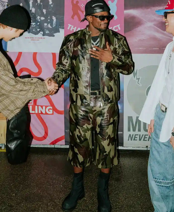 Usher x BTS R&B Tour Camo Moto Leather Jacket with Snap-Tab Erect Collar