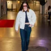 WNBA Fever vs Dallas Caitlin Clark Brown Corduroy Collar White Blouson Denim Jacket front view