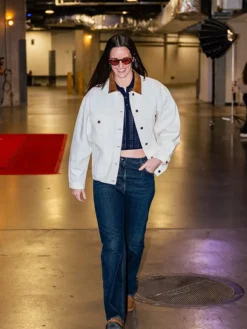 WNBA Fever vs Dallas Caitlin Clark Brown Corduroy Collar White Blouson Denim Jacket front view