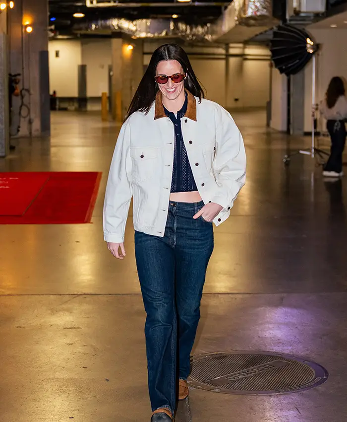 WNBA Fever vs Dallas Caitlin Clark Brown Corduroy Collar White Blouson Denim Jacket front view