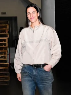 WNBA Indiana Fever Caitlin Clark Beige Cotton Zip-Up Track Jacket front view
