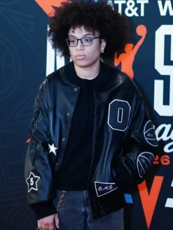 WNBA x Coach All-Star Game 2026 Olivia Miles Black Leather Varsity Jacket Front View