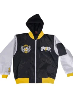 WWE CM Punk Black Full-Zip Satin Hooded Bomber Jacket Front View