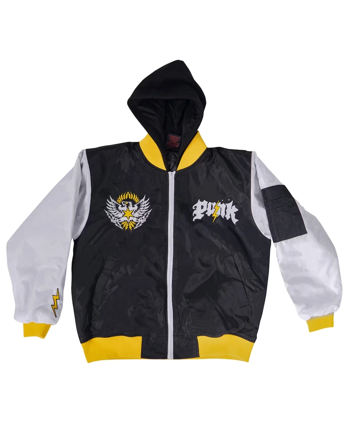 WWE CM Punk Black Full-Zip Satin Hooded Bomber Jacket Front View