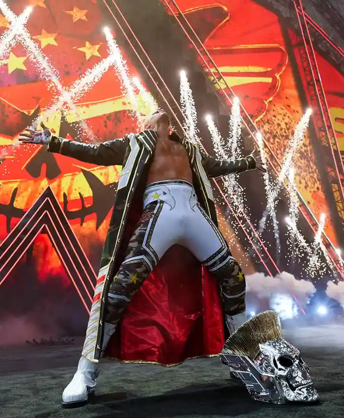 WWE Cody Rhodes Black and Gold Real Leather Coat with full-length sleeves and open-hem cuffs