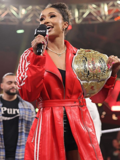 WWE-NXT-2026-TNA-Knockouts-Champion-Kelani-Jordan-Red-Leather-Adidas-3-Stripes-Hooded-Coat-Front