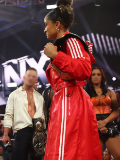 WWE-NXT-2026-TNA-Knockouts-Champion-Kelani-Jordan-Red-Leather-Adidas-3-Stripes-Hooded-Coat-Right
