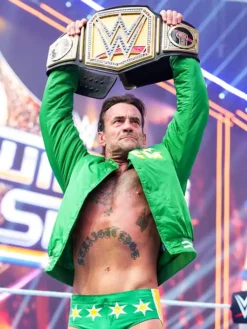 WWE SummerSlam 2026 CM Punk Green Bomber Jacket with rib-knitted collar and snap-tab closure