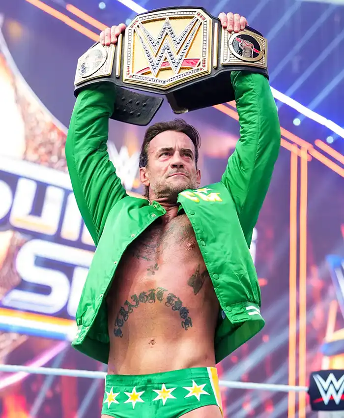 WWE SummerSlam 2026 CM Punk Green Bomber Jacket with rib-knitted collar and snap-tab closure
