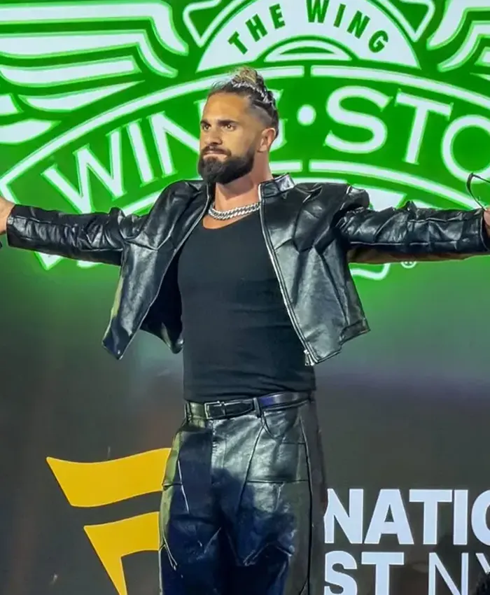 WWE SummerSlam 2026 Kickoff Seth Rollins Black Leather Jacket front view