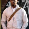 White Franklin Saint Bomber Jacket inspired by Snowfall TV-Series featuring YKK zipper closure and sleek style