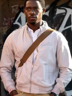 White Franklin Saint Bomber Jacket inspired by Snowfall TV-Series featuring YKK zipper closure and sleek style