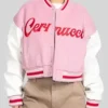Women’s Cernucci 2026 Pink And White Wool Leather Varsity Jacket front view