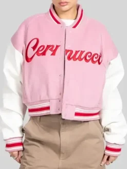 Women’s Cernucci 2026 Pink And White Wool Leather Varsity Jacket front view