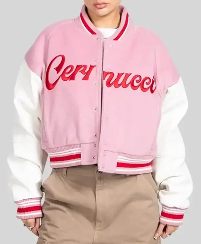 Women’s Cernucci 2026 Pink And White Wool Leather Varsity Jacket front view