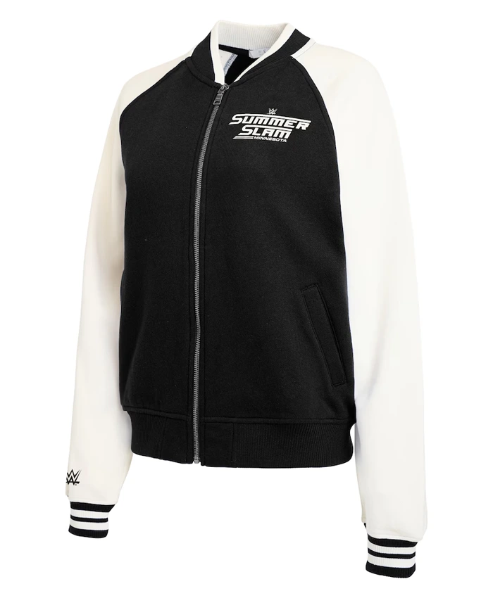 Women's SummerSlam Minnesota 2026 Fleece Full-Zip Black Varsity Jacket front view