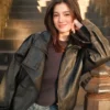 Women's Sydney Trip 2026 Belle Mariano Black Leather Bomber Jacket front view