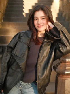 Women's Sydney Trip 2026 Belle Mariano Black Leather Bomber Jacket front view
