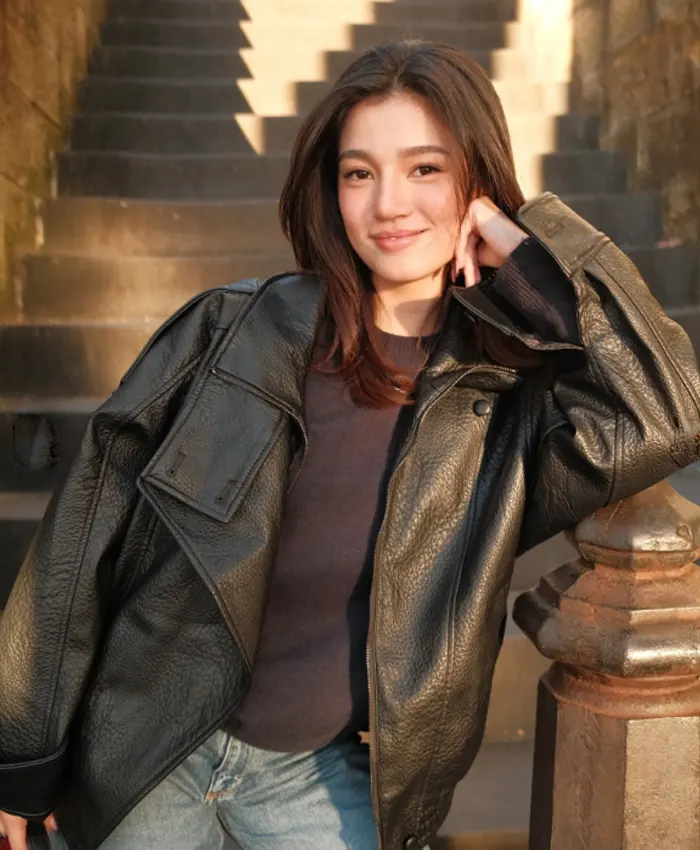 Women's Sydney Trip 2026 Belle Mariano Black Leather Bomber Jacket front view