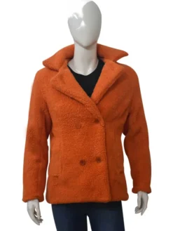 Yellowstone Kelly Reilly Orange Fluffy Shearling Fur Coat Jacket front view