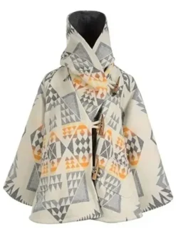 Yellowstone Kelly Reilly Poncho White And Black Wool Blanket Cloak Coat front view