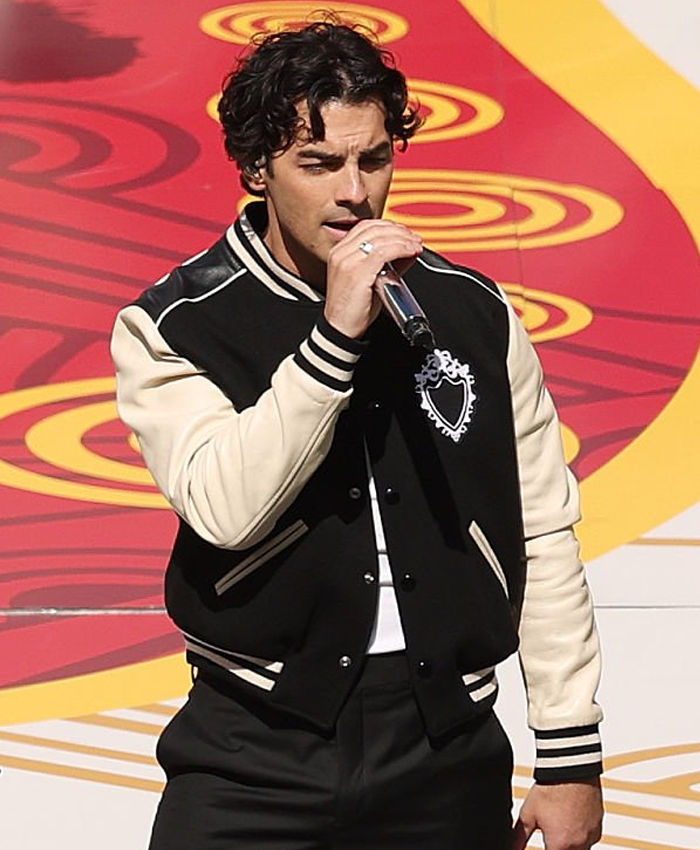 2026-Pro-Football-Halftime-Show-Joe-Jonas-Black-and-Off-White-Varsity-Jacket-Front