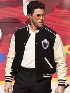 2026-Pro-Football-Halftime-Show-Nick-Jonas-Black-and-Off-White-Varsity-Jacket-Front