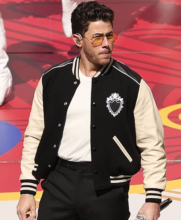 2026-Pro-Football-Halftime-Show-Nick-Jonas-Black-and-Off-White-Varsity-Jacket-Front