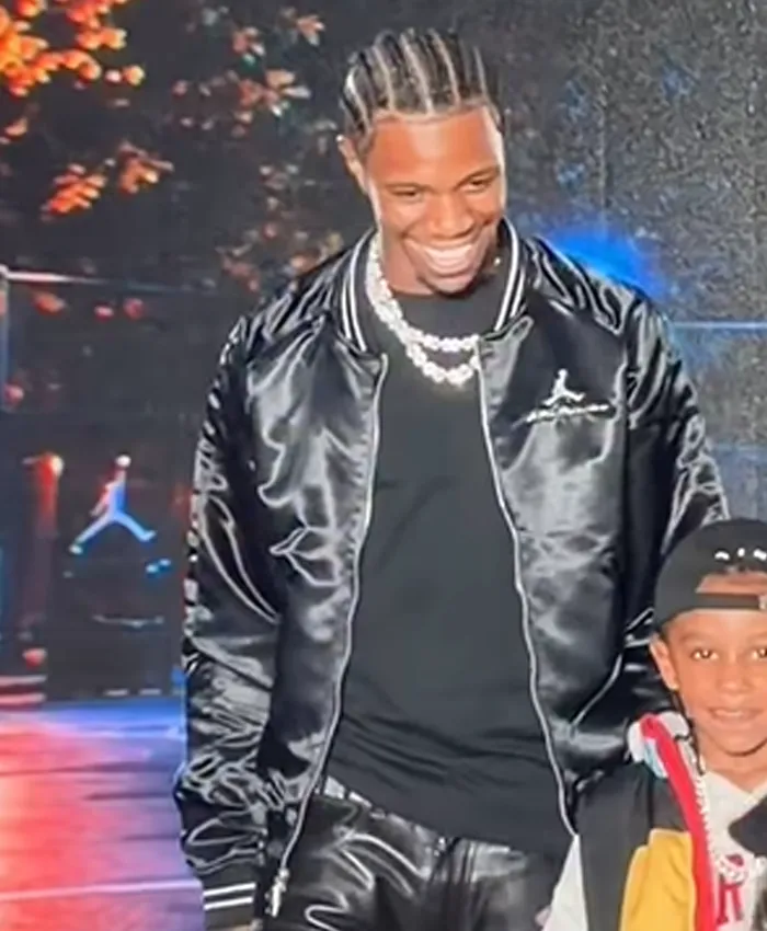 A-Boogie Wit Da Hoodie Macys Rookie Kids Show The Jordan Satin Black Varsity Jacket front view