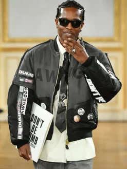 A$AP Rocky AWGE Spring-Summer 2027 Paris Fashion Week Satin Black Bomber Jacket front view