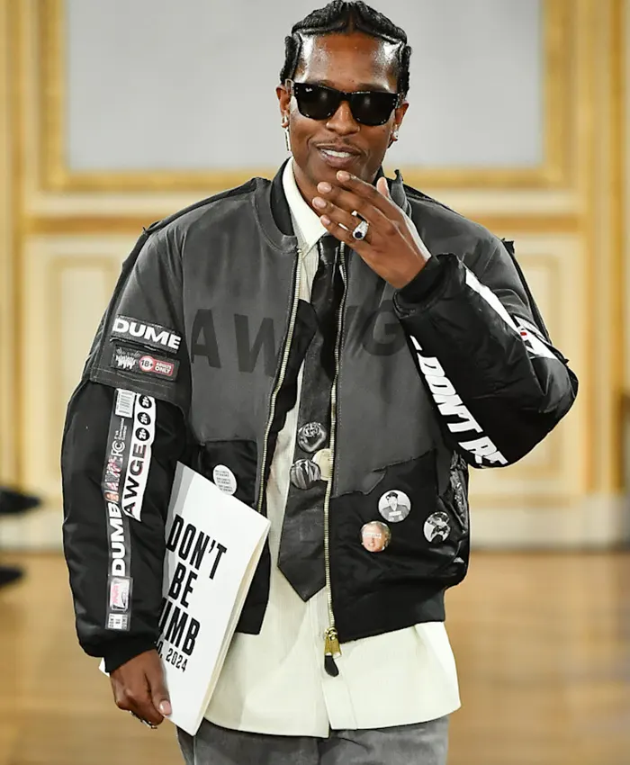 A$AP Rocky AWGE Spring-Summer 2027 Paris Fashion Week Satin Black Bomber Jacket front view
