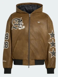 Adidas Disney Mickey Mouse Where Dreams Come True 2026 Brown Leather Hooded Jacket