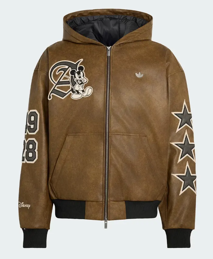 Adidas Disney Mickey Mouse Where Dreams Come True 2026 Brown Leather Hooded Jacket
