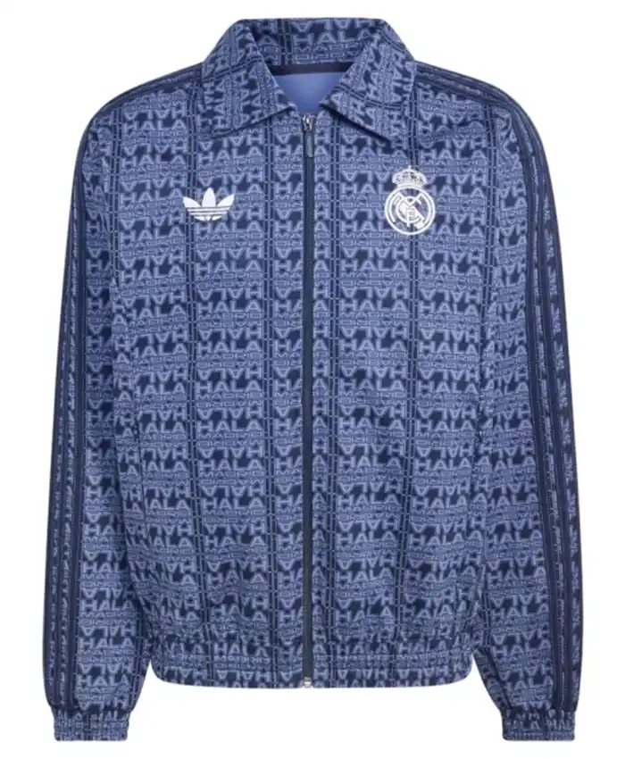Adidas x Real Madrid LFSTLR Racing Motorsport Patterned Navy Blue Cotton Jacket front view