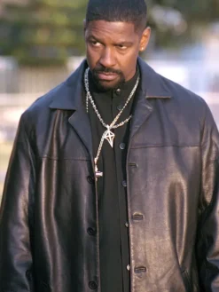 Alonzo Harris Film Training Day 25th Anniversary Denzel Washington Black Leather Coat front view