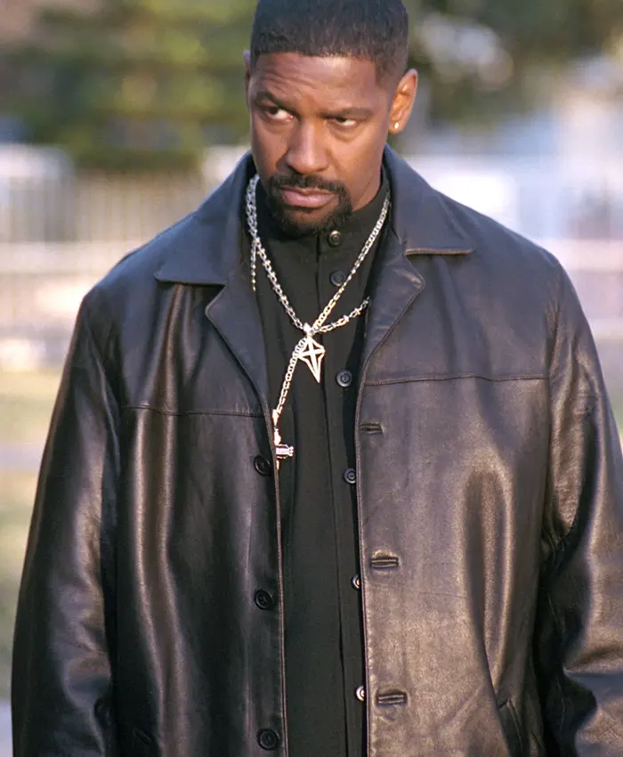 Alonzo Harris Film Training Day 25th Anniversary Denzel Washington Black Leather Coat front view