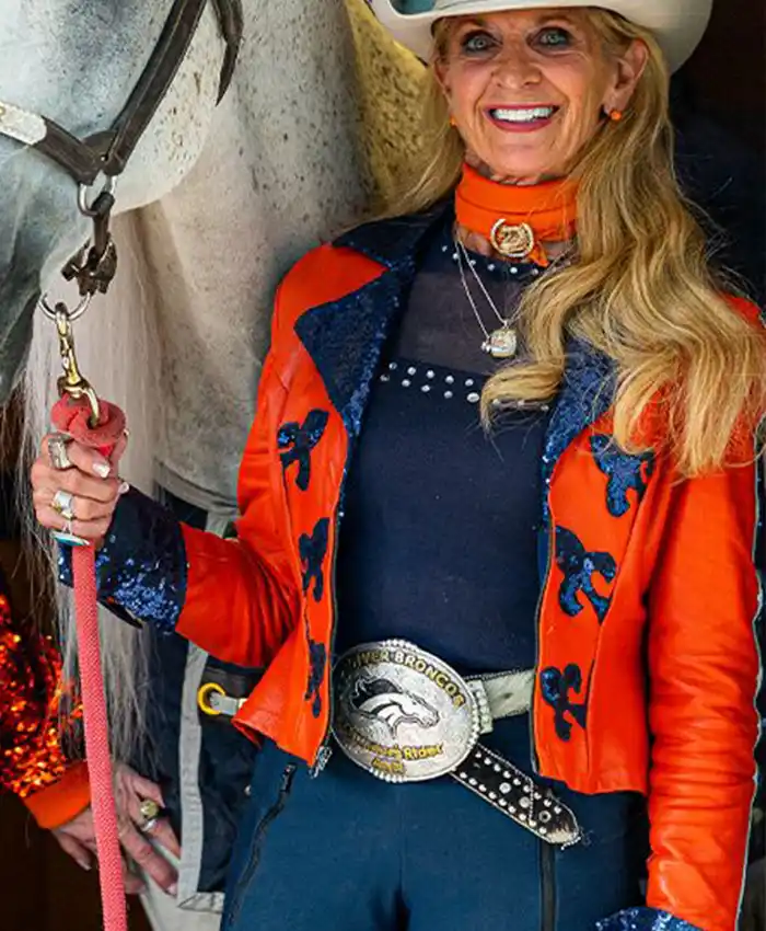 Ann Judge NFL Team Denver Broncos Passing of the Reins Orange Leather Jacket front view