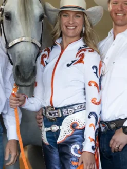 Ann Judge NFL Team Denver Broncos Passing of the Reins White Leather Jacket front view