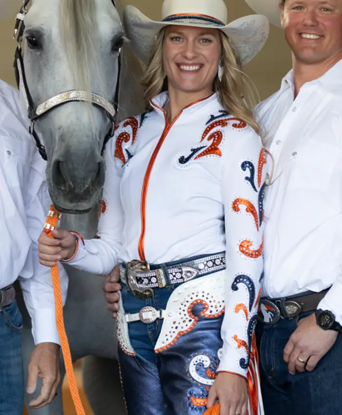 Ann Judge NFL Team Denver Broncos Passing of the Reins White Leather Jacket front view