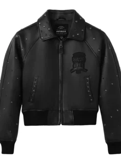 Avirex Fall Winter 2026 Cropped Studded Icon Leather Black Bomber Jacket front view