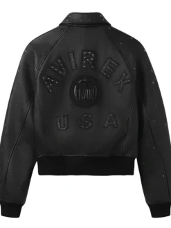 Avirex Fall Winter 2026 Studded Icon Cropped Leather Black Bomber Jacket back view