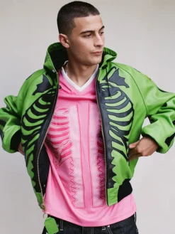 Awake NY Fall-Winter 2026 Halloween Skeleton Green Leather Hooded Jacket front view